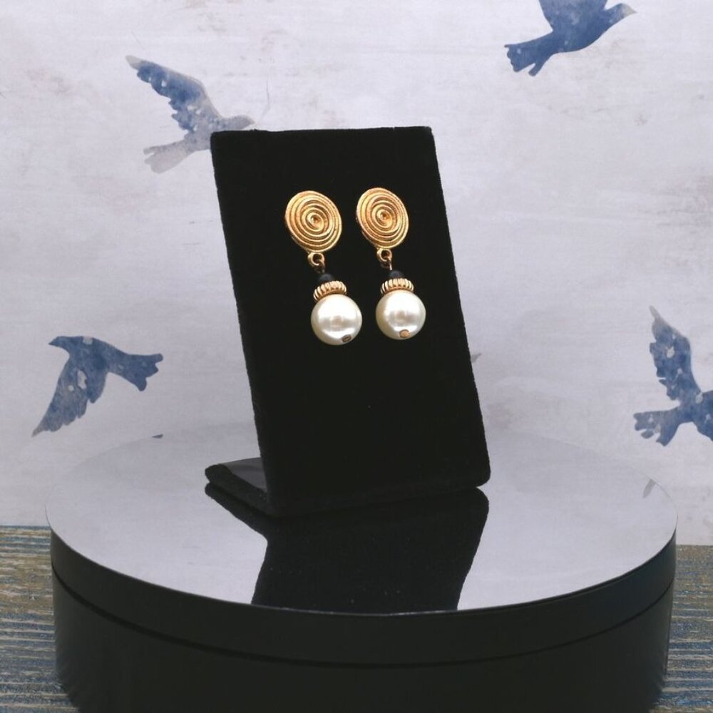 Gold Spin Pattern Medallion Pearl Drop Earrings Caroline C Estate Collection